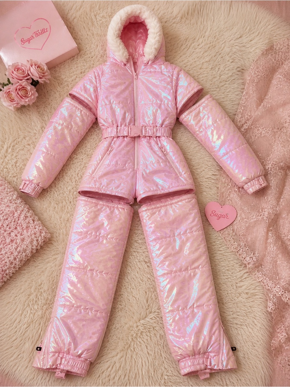 Sugar Thrillz Pink Holographic Snowsuit Romper Convertible Small NWT